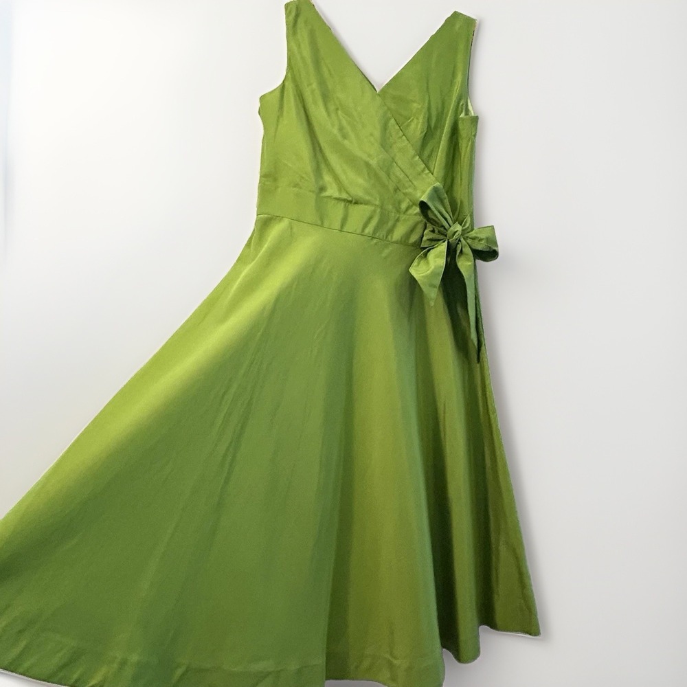 J Peterman Faux Wrap Dress Sz12 Lime Cotton Silk Retro 50s Timeless Chic Luxury
